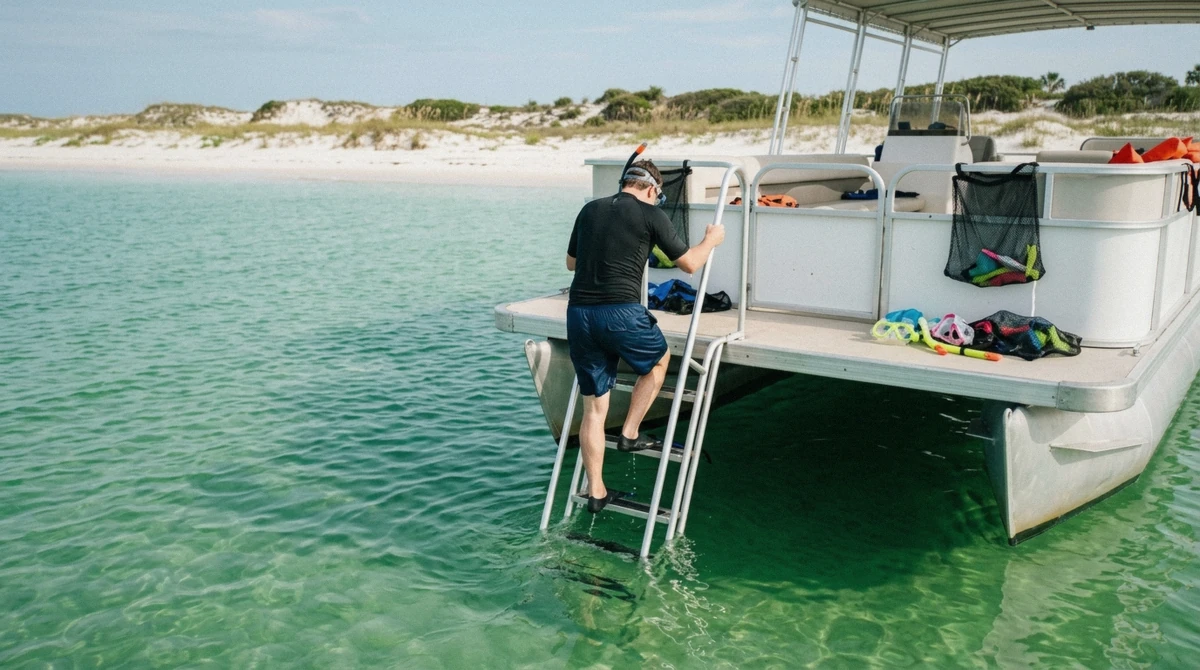 A snorkel boat anchored over clear emerald water with a snorkeler on the ladder on a Shell Island snorkeling tour with 2 stops and dolphin watching