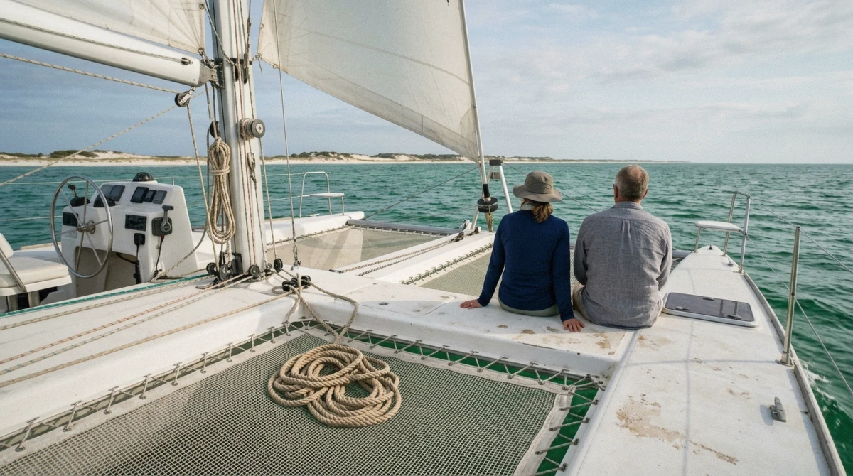 Two passengers on the deck of a sailing catamaran crossing emerald water on a Shell Island snorkel and dolphin catamaran cruise from Panama City Beach
