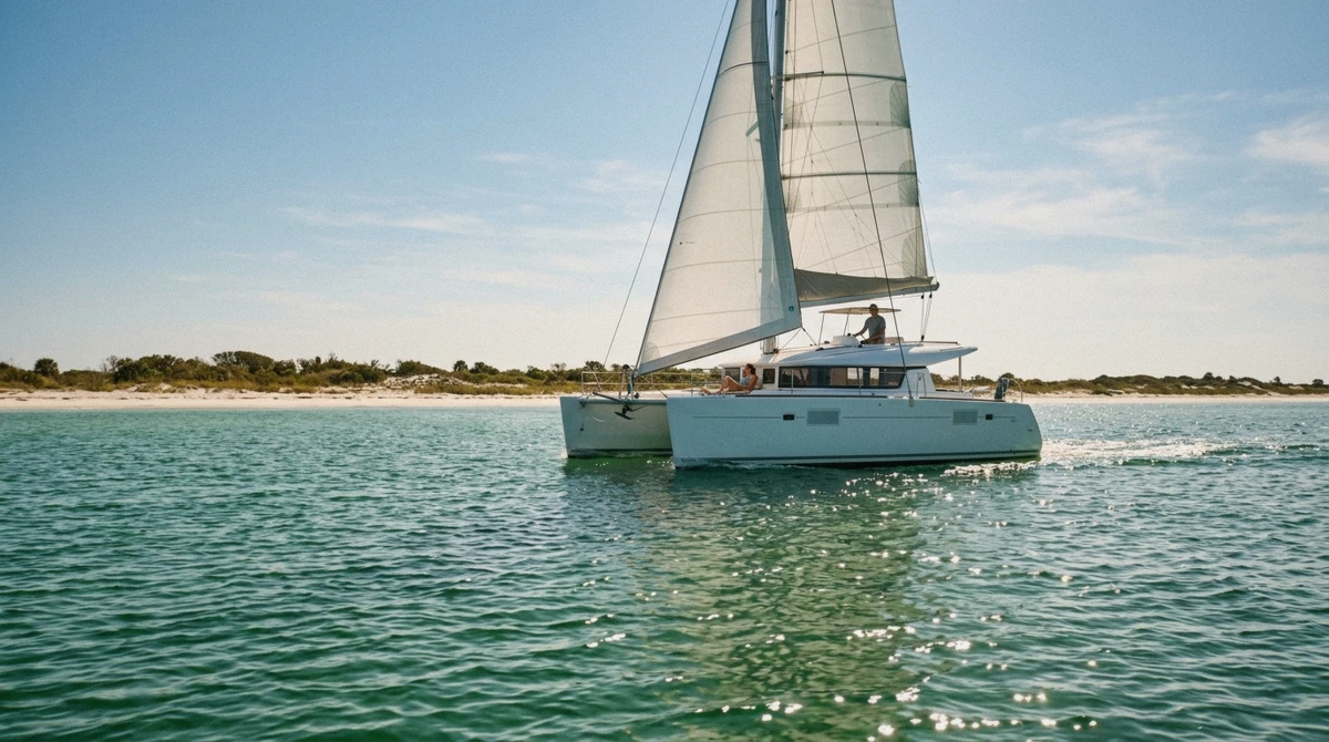 The Footloose sailing catamaran under sail on emerald water off Panama City Beach on a Footloose catamaran Shell Island snorkeling tour