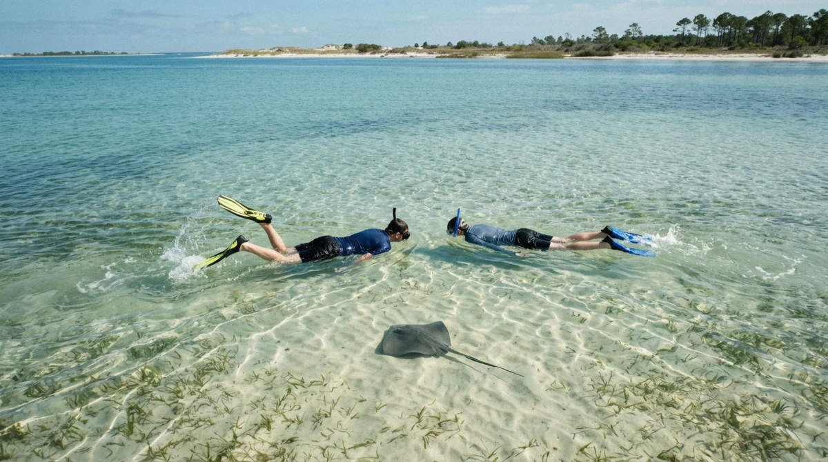 Two snorkelers over a sandy seagrass flat with a stingray below on a Footloose catamaran Shell Island snorkeling tour near Panama City Beach